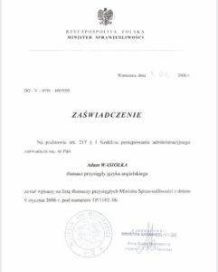 Zaświadczenie tłumacza przysięgłego, Adam Wasiołka tłumacz przysięgły języka angielskiego